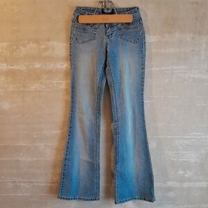 411a. light blue vintage Angels faded low rise y2k flare jeans, 0